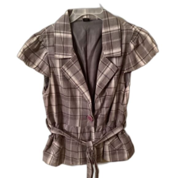 GUESS Y2K SIZE LARGE LINED GRAY PLAID BELTED SHORT SLEEVE JACKET BLAZER - Picture 1 of 8